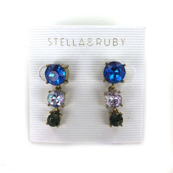 Stella & Ruby Crystal Drop Earrings Gold Blue - Picture 2 of 3